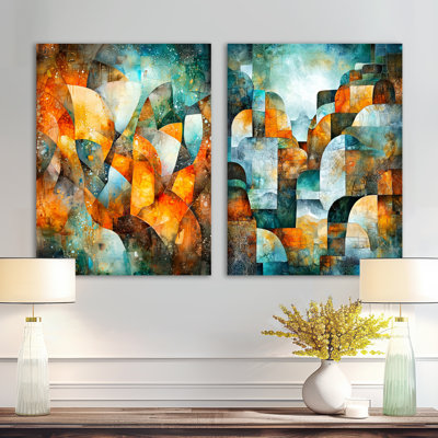 «Green Orange Prismatic Maze» - art mural abstrait en métal 2 pièces