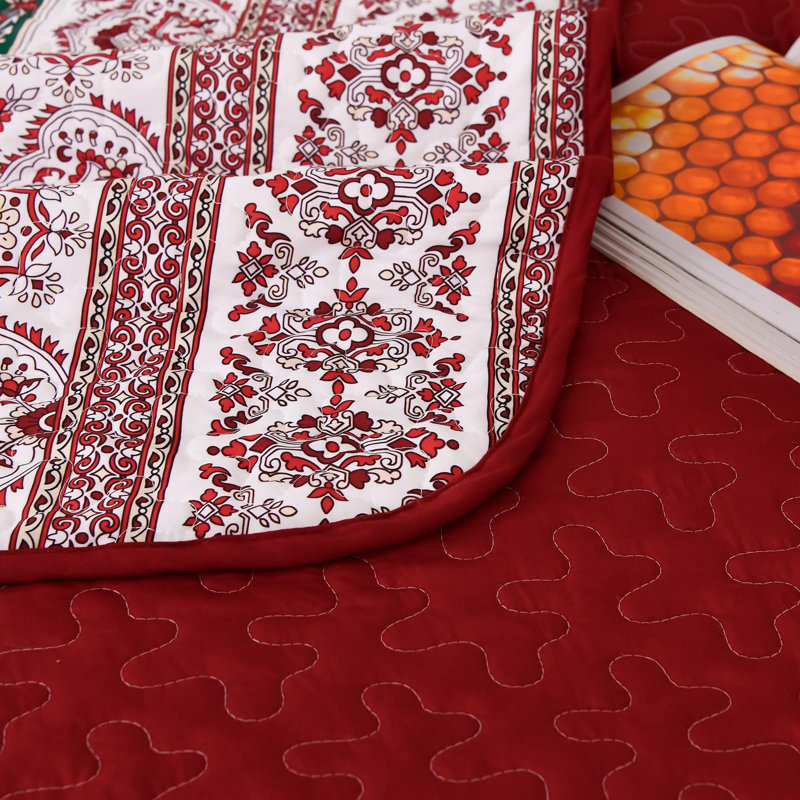 Set of 3 Boho Bohemian Quilt Set Lightweight Reversible Microfiber Bedspread Coverlet All Season Bed Decor, Red