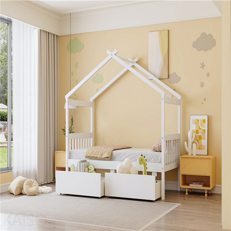 Lit simple en bois avec tiroirs, blanc