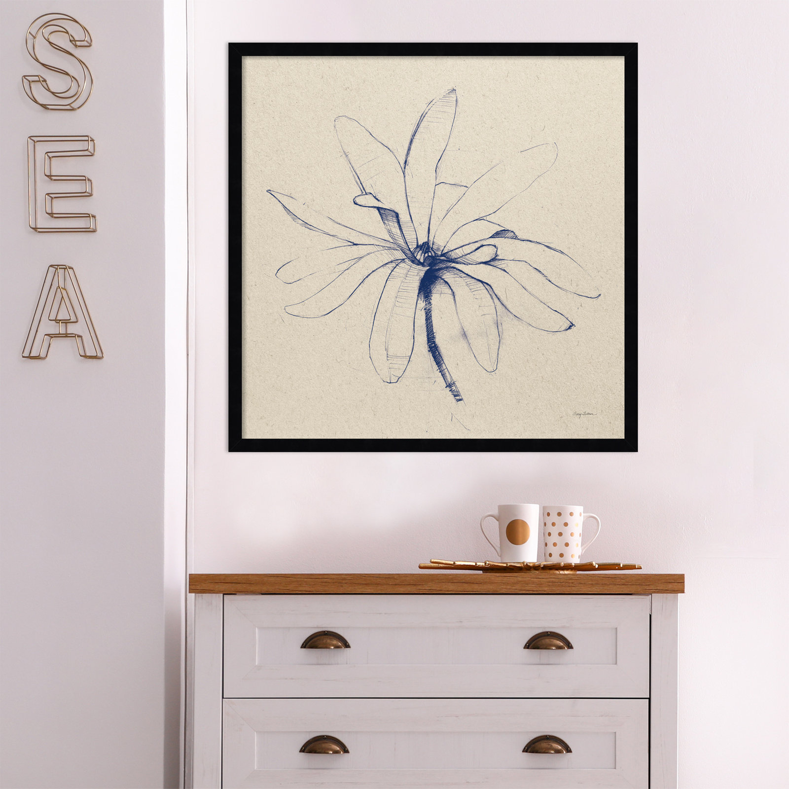 Modern Vintage Floral I Indigo Print, Black, 25" H x 25" W x 1" D