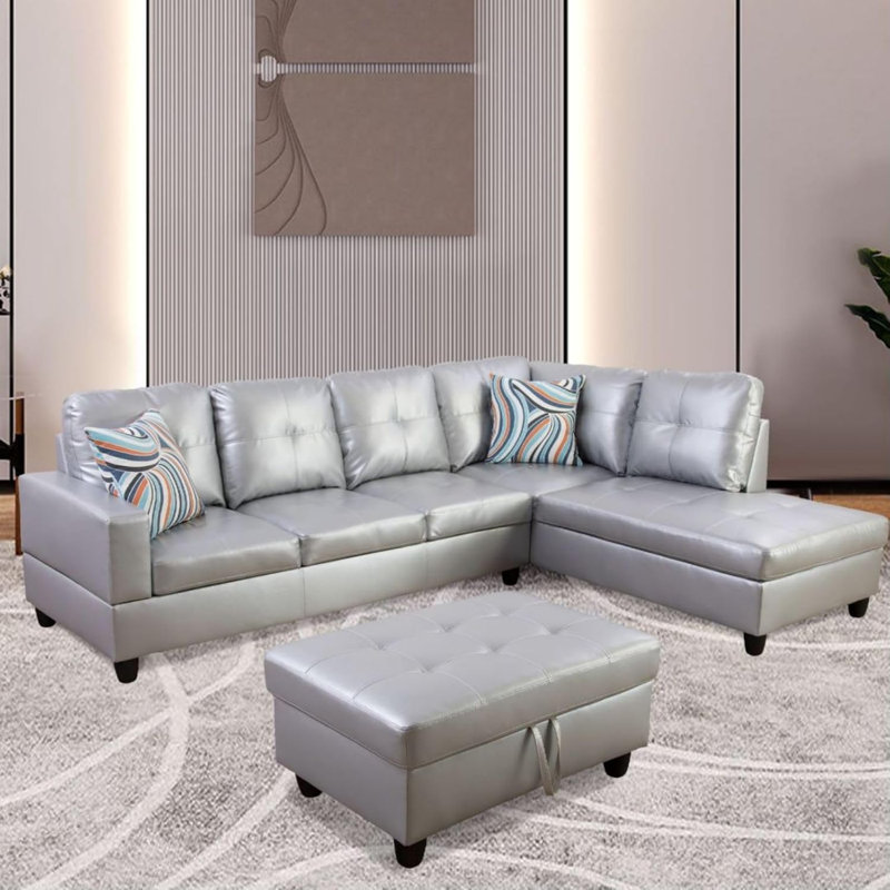3 - Piece Semi Pu Synthetic Leather Sectional, Silver Faux Leather