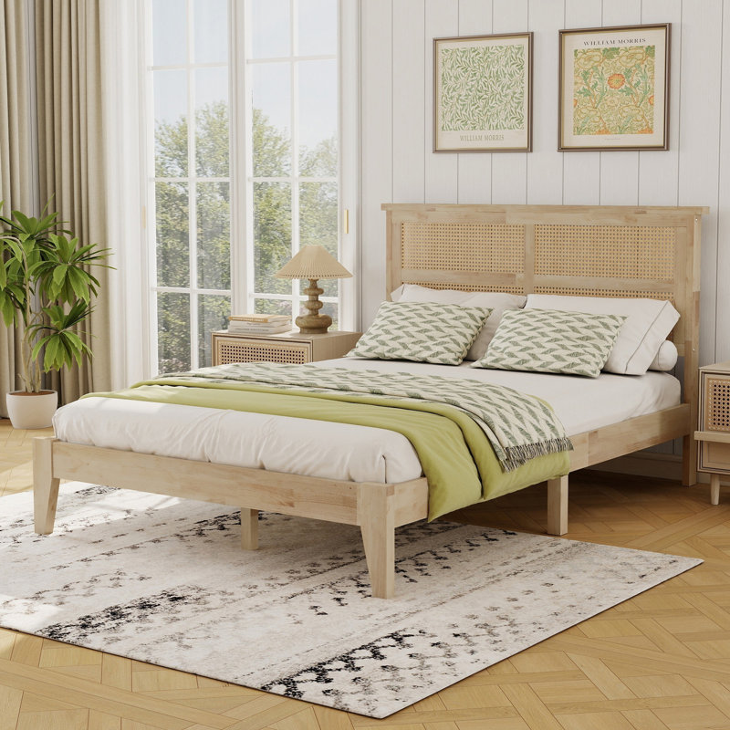 Modern Bed with Rattan Headboard, with Central Support Beams and Enhanced Feet, Full / Double