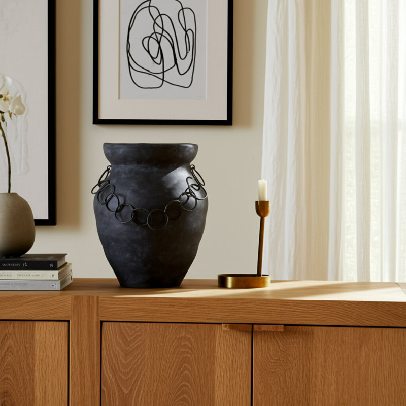 Decorative Pottery Terracotta Vase with Ring Accent Detail, Handcrafted Versatile Modern Casual Home Display Piece for Shelf or Tabletop Styling in Rustic and Contemporary Interiors
