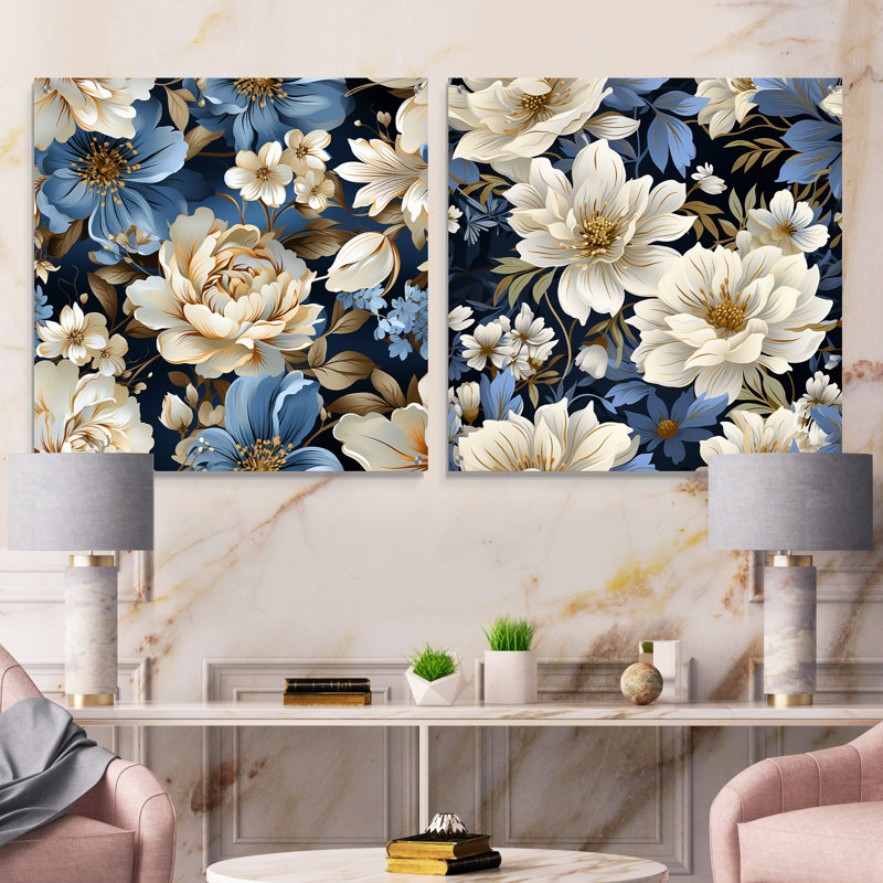 Motif floral bleu rétro Finesse - ensemble d'art mural en acrylique sur verre floral, H 16 po x l 33 po