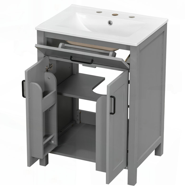 Meuble-lavabo moderne de 48 pouces avec lavabo en céramique, portes à fermeture en douceur, tiroir rabattable et tablettes à double couche, solution de rangement élégante