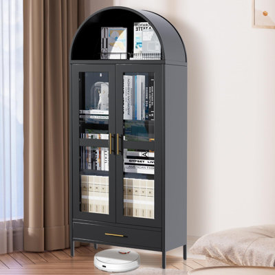 73" Metal Arched Cabinet, Modern Freestanding Display Bookshelf with Drawer & Adjustable Shelves