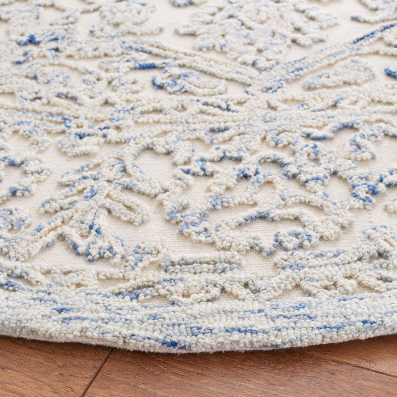 Ivory and Blue Hand-Tufted Wool Area Rug, 3' x 5'