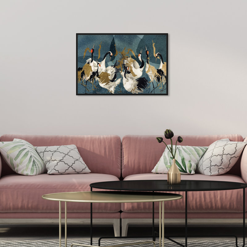 «Crane Love» par Oliver Gal, Toile avec cadre flottant noir, H 17 po x l 25 po x P 1,75 po