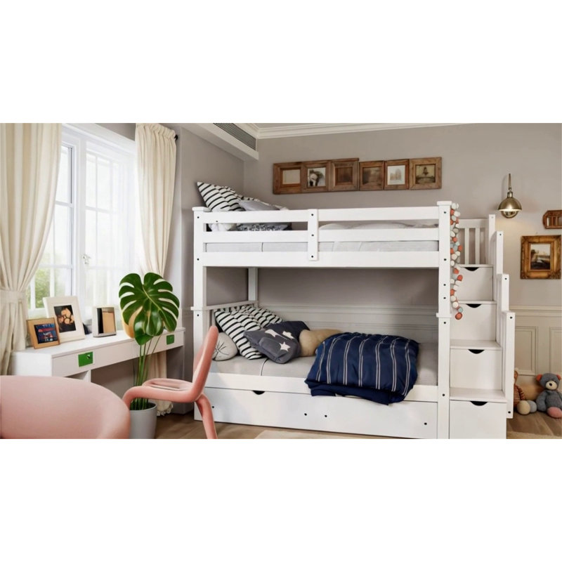 Lit superposé double au-dessus de double avec tablettes et 6 tiroirs de rangement, Blanc