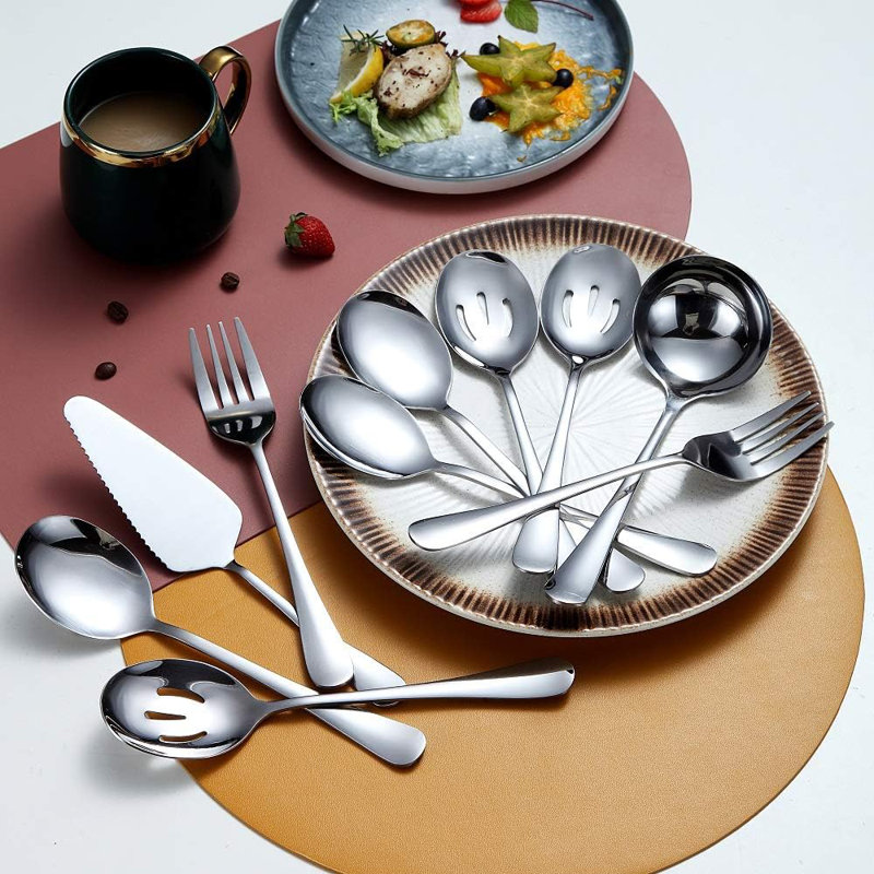 Ensemble d'ustensiles de service 10 pièces en acier inoxydable - comprenant une cuillère à rainure, une cuillère de service, une desserte à gâteaux, une fourchette et une louche à soupe - Couverts élégants pour les repas et les réceptions