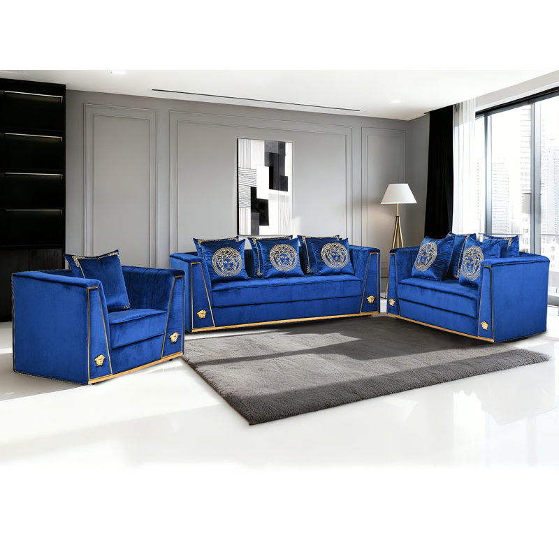 3-Piece Velvet Sofa Set With Gold Metal Legs & Pillows For Living Room, Blue