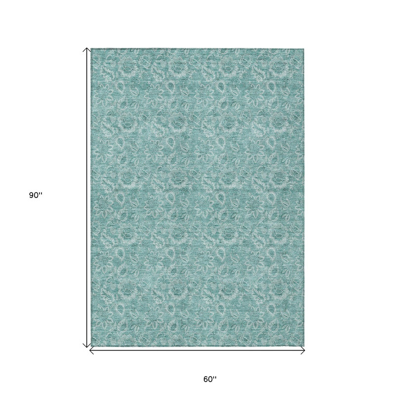 Tapis bleu sarcelle et turquoise à motif floral 5 pi x 8 pi
