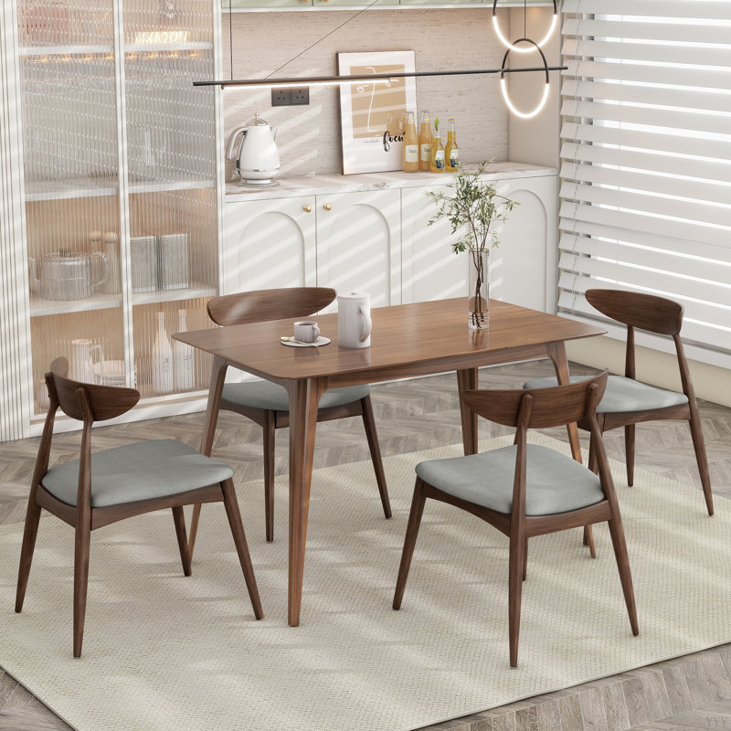 Ensemble de table de salle à manger 5 pièces, 1 table et 4 chaises, structure en bois d'hévéa, dossier ergonomique, chaises rembourrées