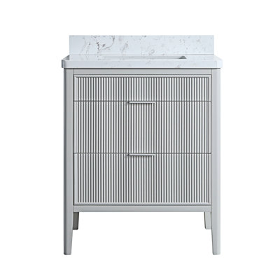 Ensemble de meuble-lavabo autoportant avec poignées et plateau en marbre d'ingénierie