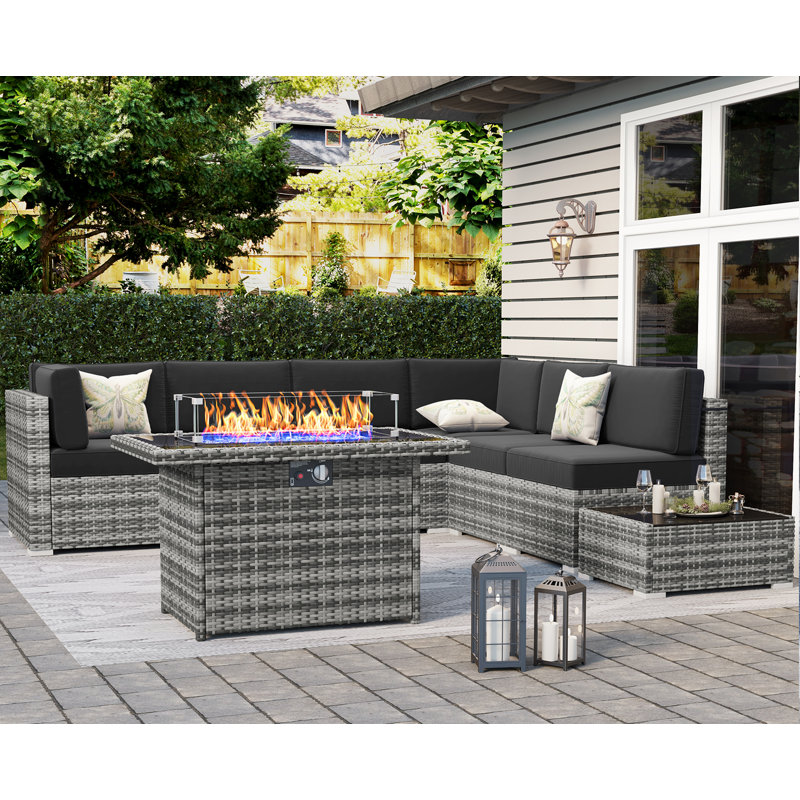  8 Piece Patio Furniture Set with 44" Propane Gas Fire Pit Table, Outdoor Sectional Conversation Set Wicker Rattan Sofa Set with Coffee Table