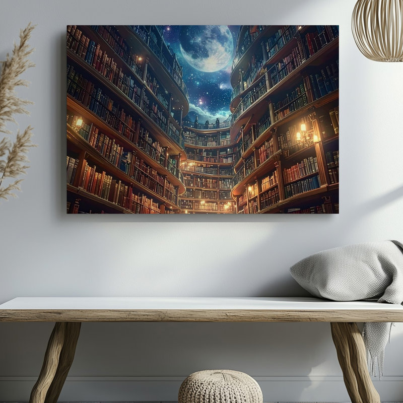 Art mural sur toile, bibliothèque céleste, bibliothèque gothique Canvassurreal avec ciel au clair de lune, H 11 po x l 14 po