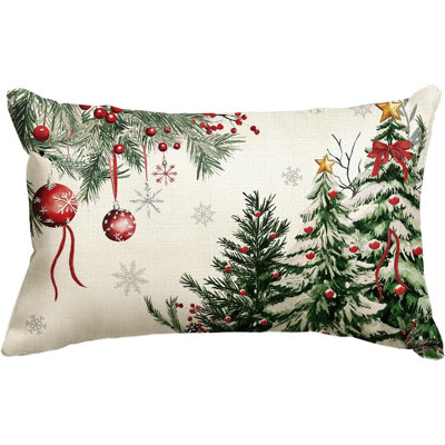 Green Christmas Trees Red Balls Throw Pillow Cover, 12 X 20 Inch Seasonal Winter Holiday Green Cushion Case Decoration For Sofa Couch