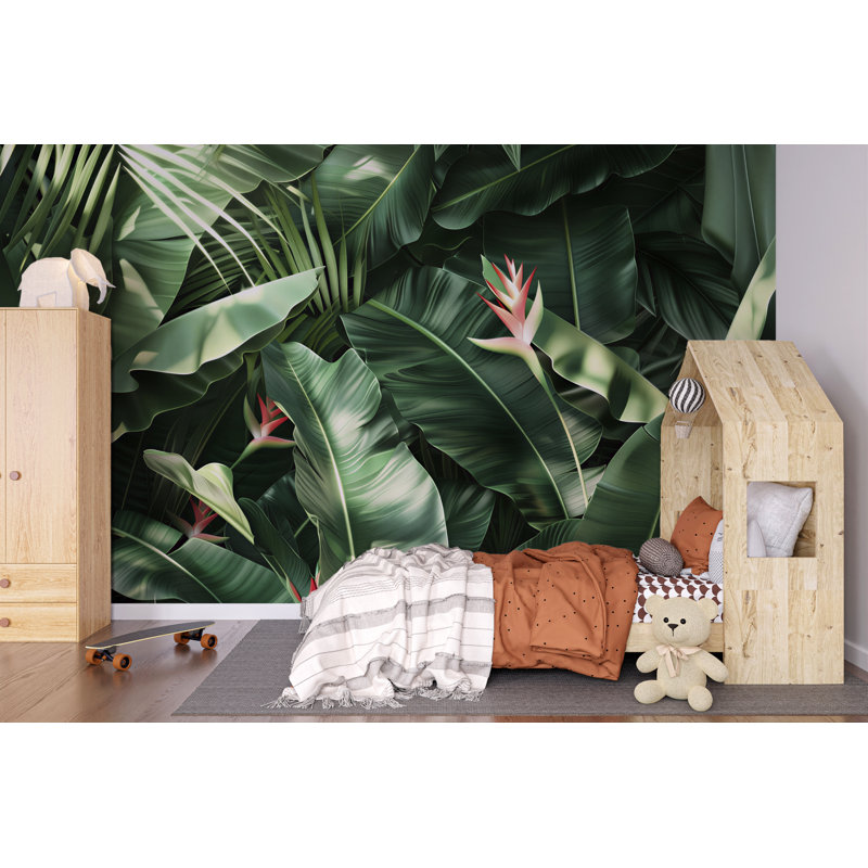 Murale feuille de jungle tropicale - Papier peint botanique audacieux avec plantes exotiques, L 165 po x l 120 po
