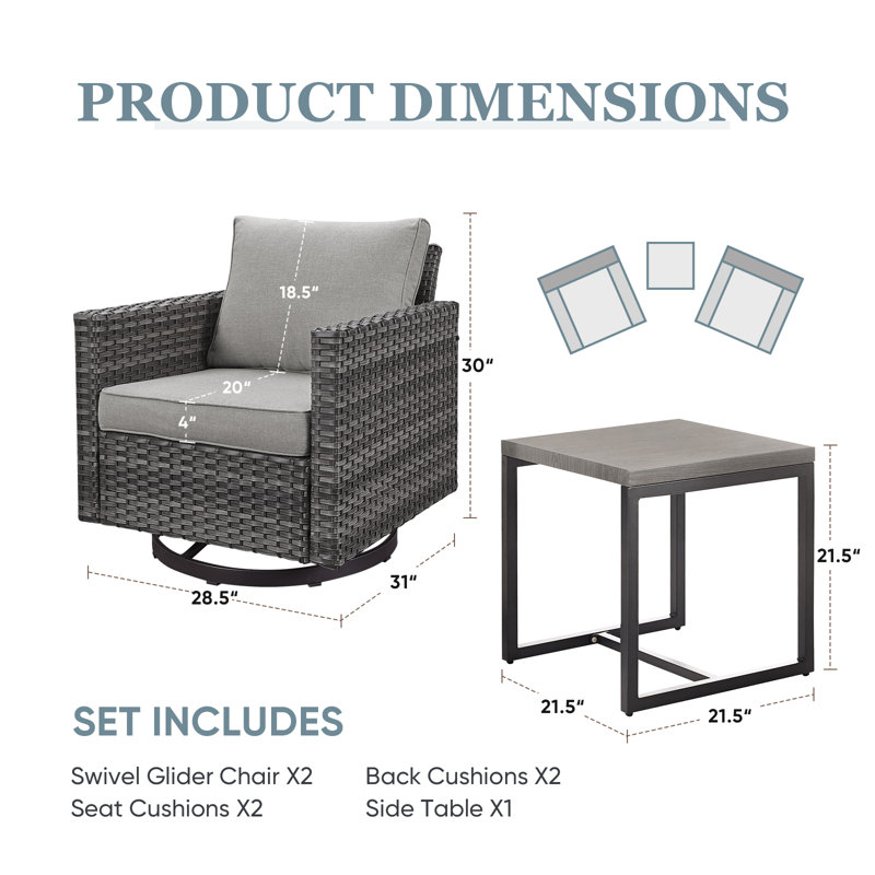 Table basse et chaises d'appoint en osier pivotant avec coussins en oléfine de 4 po Naresa, Gris, Gris