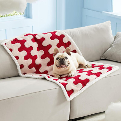 Waterproof Puppy Blanket For Small Dogs - Washable Double Sided Dog Blankets With Warm Jacquard Shag And Soft Sherpa Fleece, Pet Cat Blanket For Couch Protection, 3D Textured Wave, Red