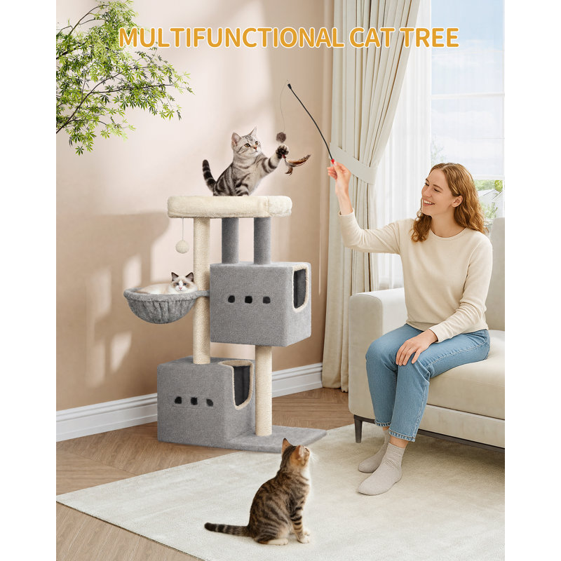 Cat Tree, 98 cm Tower, Sisal Scratching Post, Cats Tower for Indoor, Multi-Level Stable Cat Tree with Cats House, 2 Caves, Pompoms,  Dark Grey, Light Grey