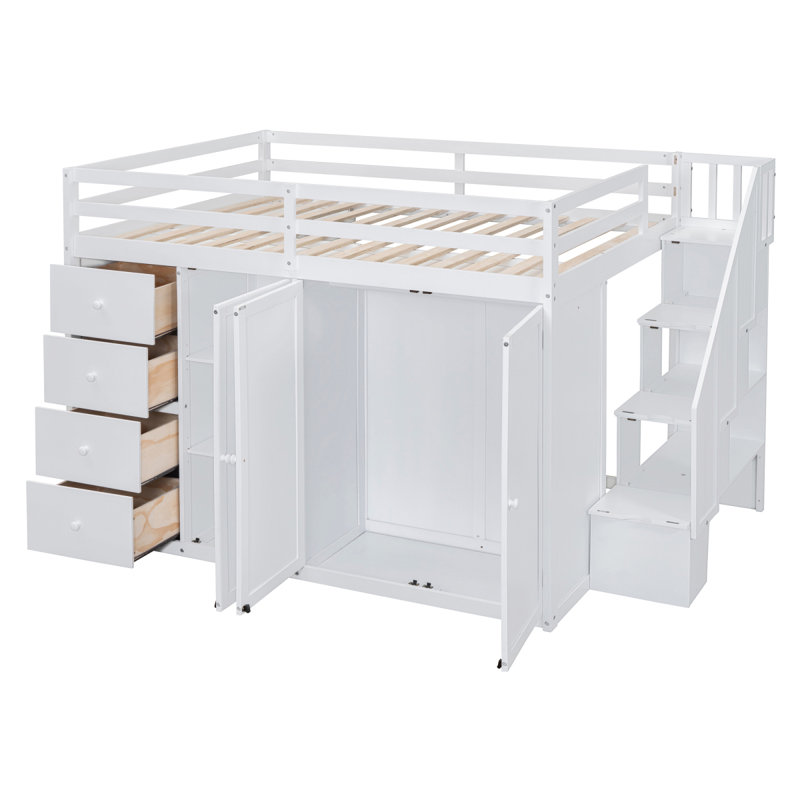 Lit mezzanine en bois avec armoires et tiroirs intégrés