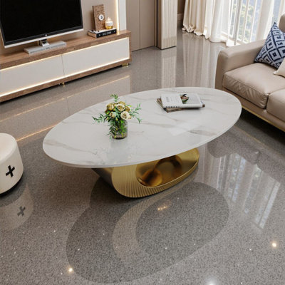 Table basse sculpturale en acier inoxydable et faux marbre ovale