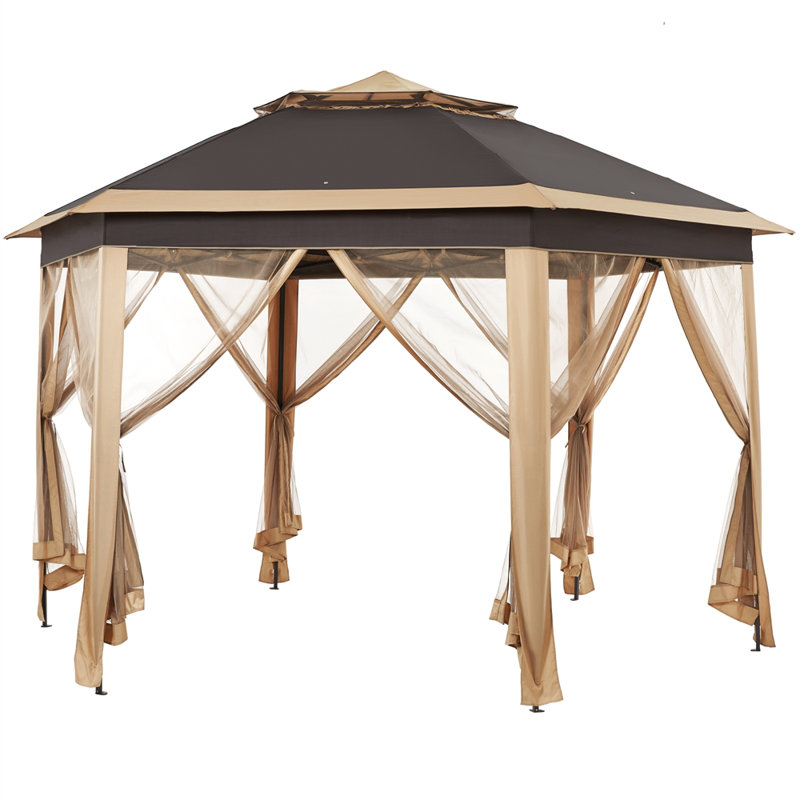 13 Ft. W x 11 Ft. D Weather-resistent Iron Patio Gazebo with sidewalls, Brown, Black
