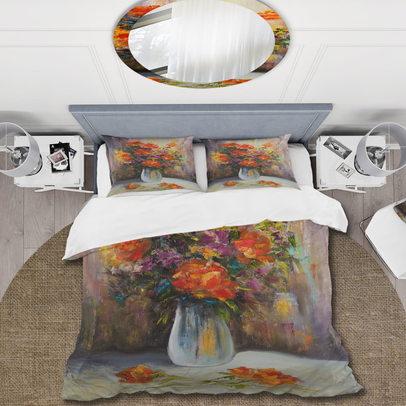 Nature morte avec fleurs rouges et jaunes - ensemble de housse de couette traditionnel - microfibre de polyester