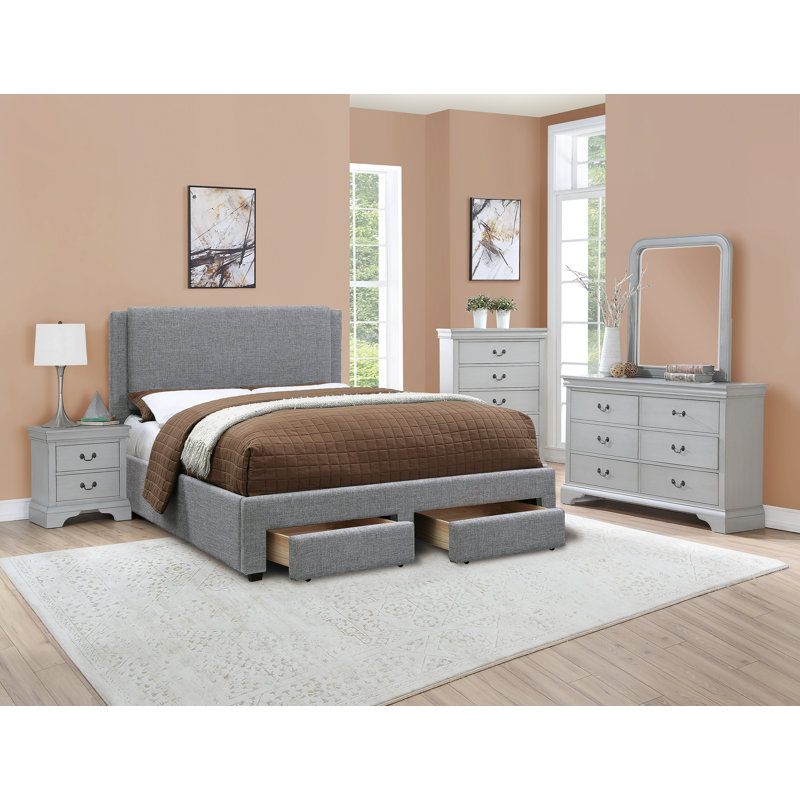 Gray Upholstered California King Platform Bed with Storage Drawers