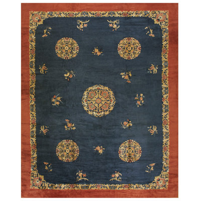 Antique Peking Chinese Floral Blue, Red 1930s Rug