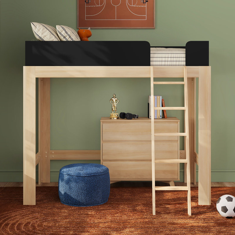 Ambur Twin Solid Wood Loft Bed, Blonde/Black