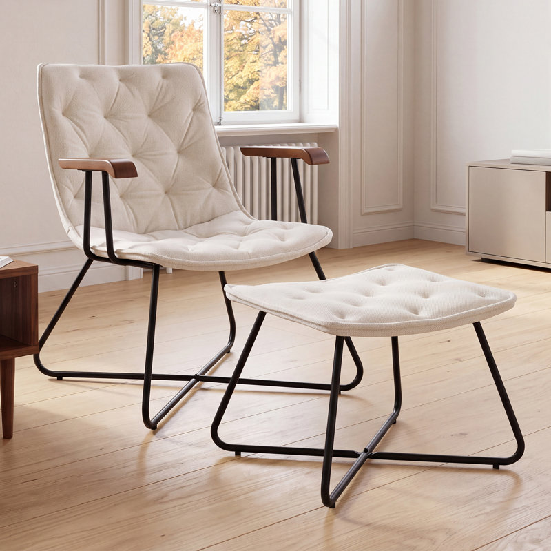 Mid-Century Chenille Upholstered Accent Chair with Ottoman Set, Ergonomic Lounge Chair with Wood Armrest & Metal Frame, Tufted Leisure Chair for Living Room Bedroom