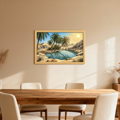 Desert Oasis With Palm Trees And Sunlight