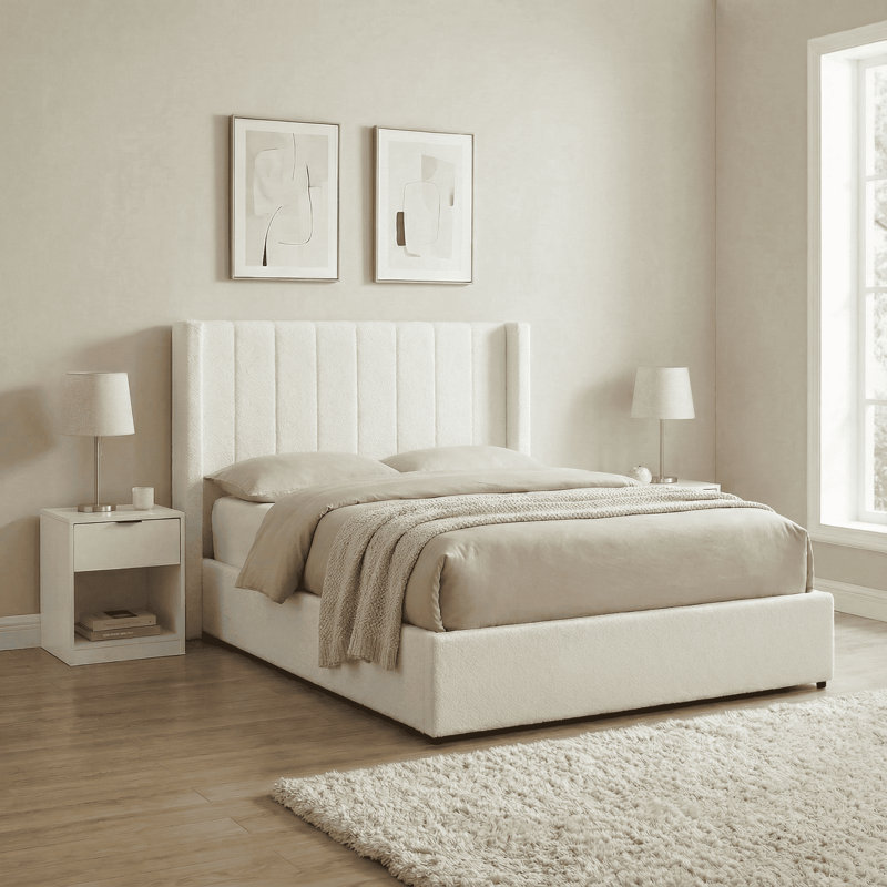 Atiyah Wingback Ottoman Storage Bed, Kingsize (5'), White Boucle