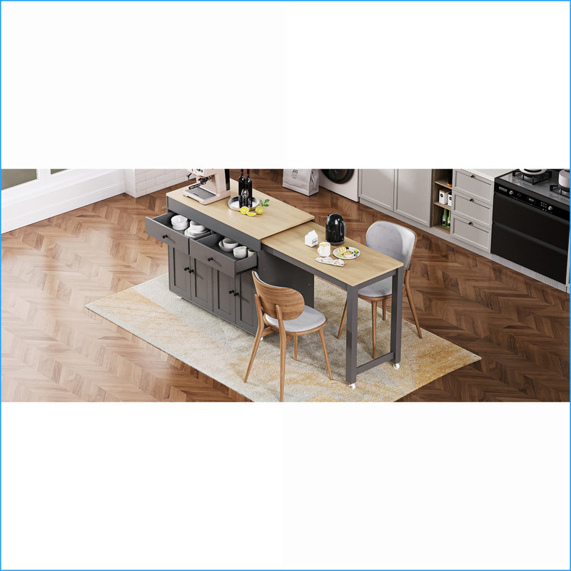 Îlot de cuisine avec table de salle à manger extensible, roulettes et amp; Rangement - Gris ardoise | Moderne | Panneau de particules P2 + panneau de fibres à densité moyenne