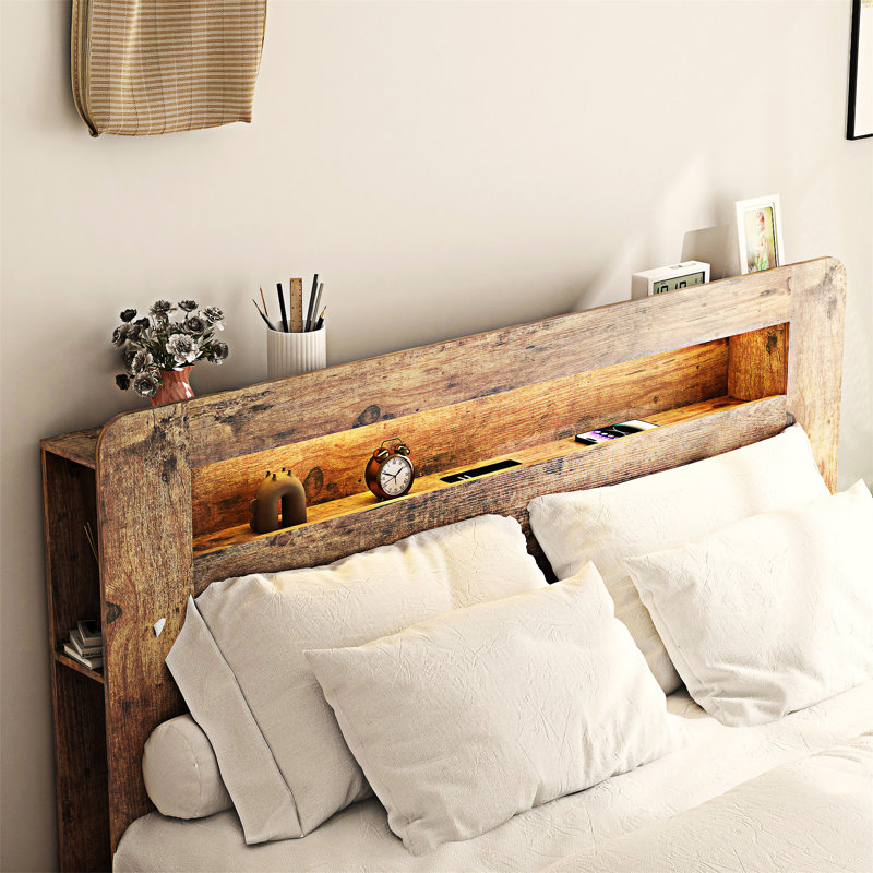 Structure de lit en bois avec tête de lit à DEL et USB, Double, Brun foncé