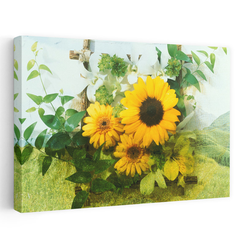 Fleurs de soleil et bouquet de vignes vertes avec sommets de montagne verts, art contemporain de montagne, H 40 po x l 60 po
