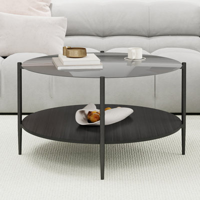 Table basse moderne Mid-Century avec plateau en verre + tablette de rangement en bois, structure en métal noir, conception ronde, peu encombrante, 32,28 pouces, table basse moderne transparente avec plateau en verre
