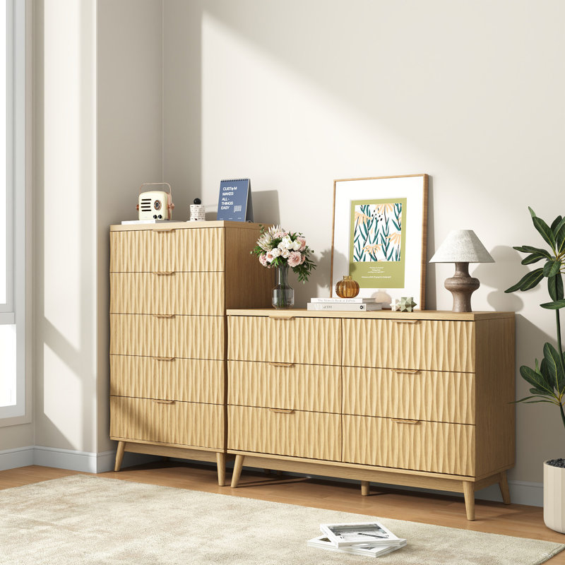 Ensemble de chambre à coucher 2 pièces Water Ripple: commode large à 6 tiroirs et commode haute à 5 tiroirs