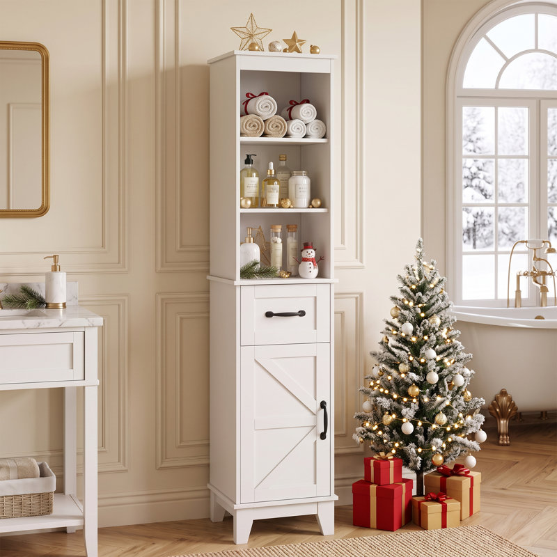 Farmhouse Tall Linen Cabinet Organizer, Freestanding Bathroom Storage Cabinet with Open Shelves, Drawer & Door, Slim Design
