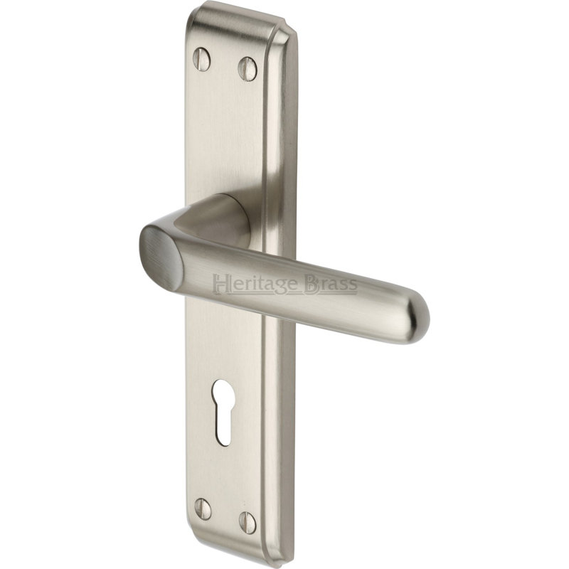 Heritage Brass Door Handle Lever Lock Deco Design, Satin Nickel