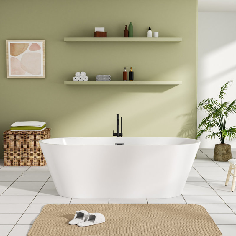 Baignoire de trempage autoportante en acrylique de forme ovale contemporaine L 63 po x l 30 po. Baignoire autoportante avec drain pour salle de bain principale blanc brillant