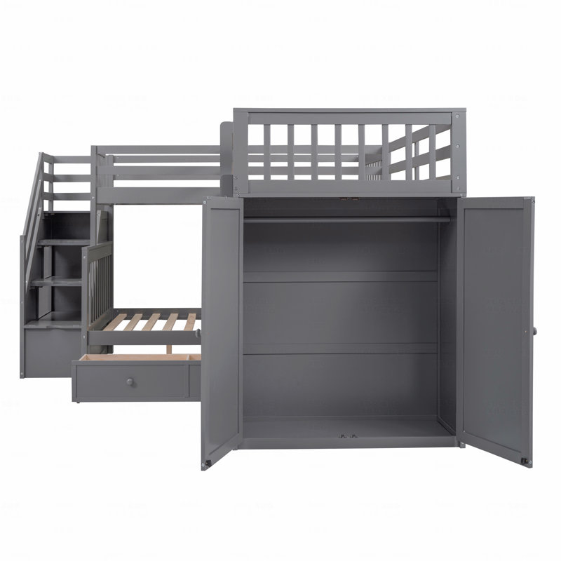 Structure de lit superposé simple en forme de L simple avec 3 tiroirs, bureau portable et rangement pour garde-robe intégré