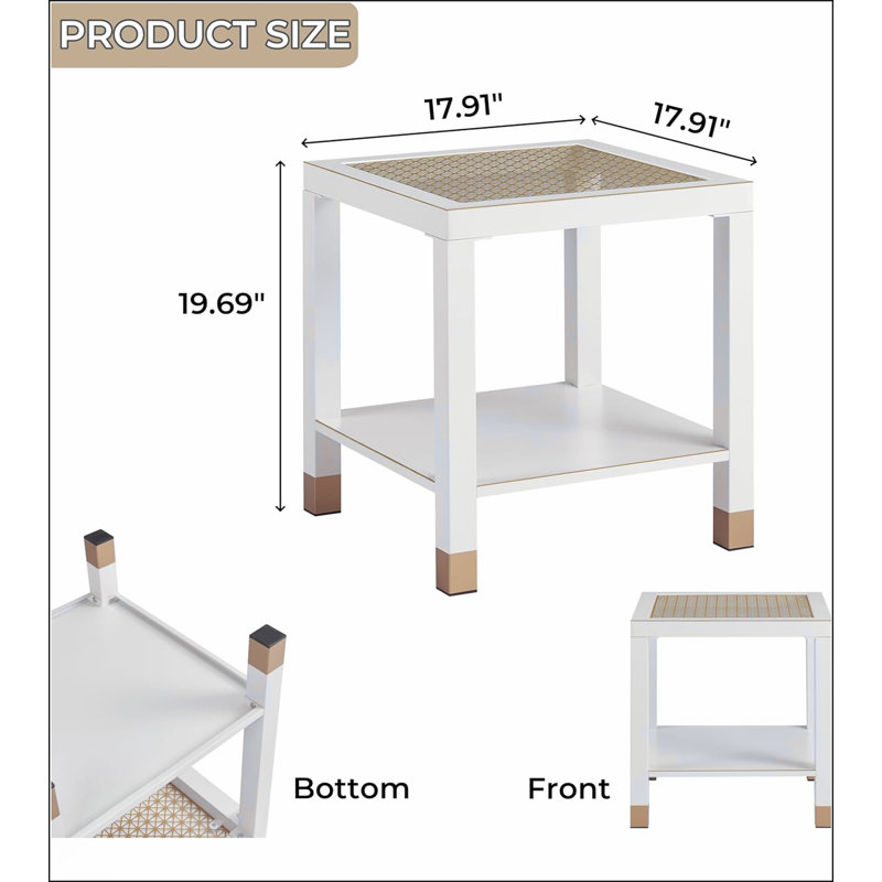 Boho Style Square Side Table With Tempered Glass Top And Metal Frame, 2-Tier Design For Living Room And Bedroom, White/Gold