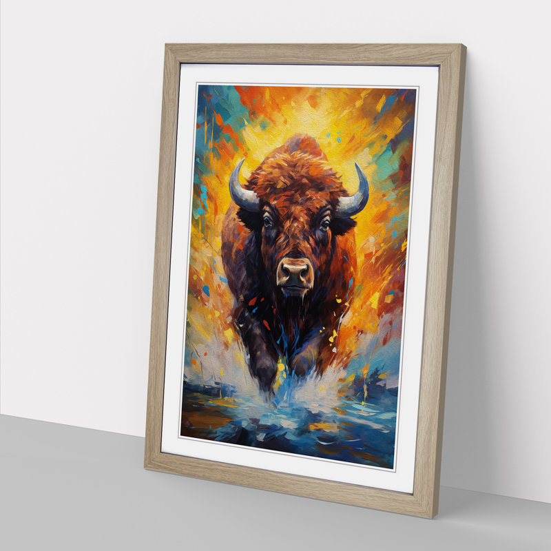 Buffalo Impressionism Art - Framed Print, 46cm H x 34cm W x 2cm D, Oak Framed