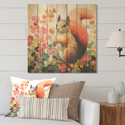 Pink And Green Squirrel Blooming II - Squirrel Animal On Wood Print