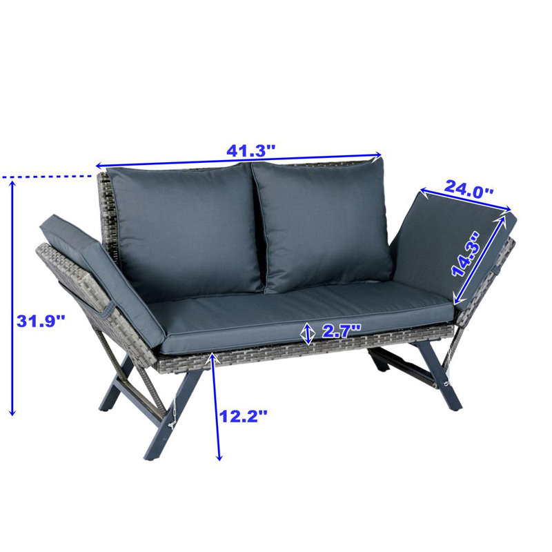 1 PCS Foldable Patio Wicker Side Bench – Grey Wicker with Dark Grey Cushion, Outdoor Backyard Conversation Seating