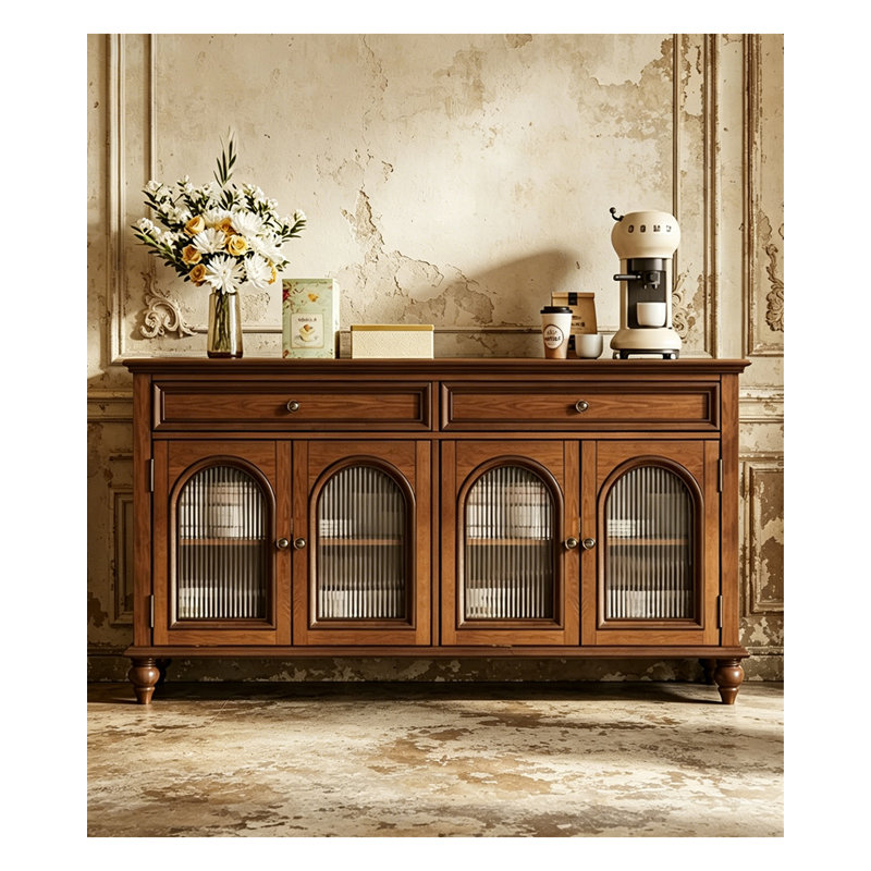 Buffet Vintage Farmhouse en bois massif avec portes en verre arquées