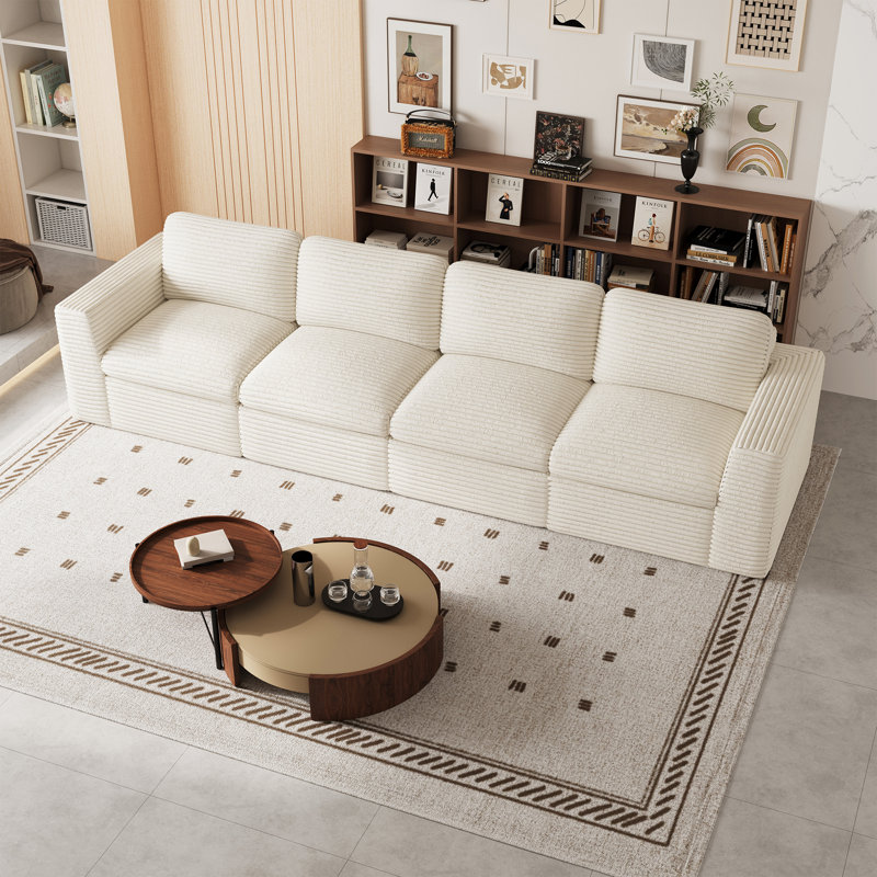 Wide Corduroy Compression Modular 4-Seater Sofa With No Assembly Required, White